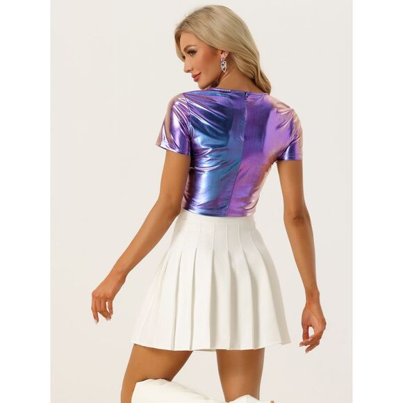 Metallic Crop Tops Keyhole Short Sleeve Party Shiny Holographic Top Purple Blue - Picture 3 of 5